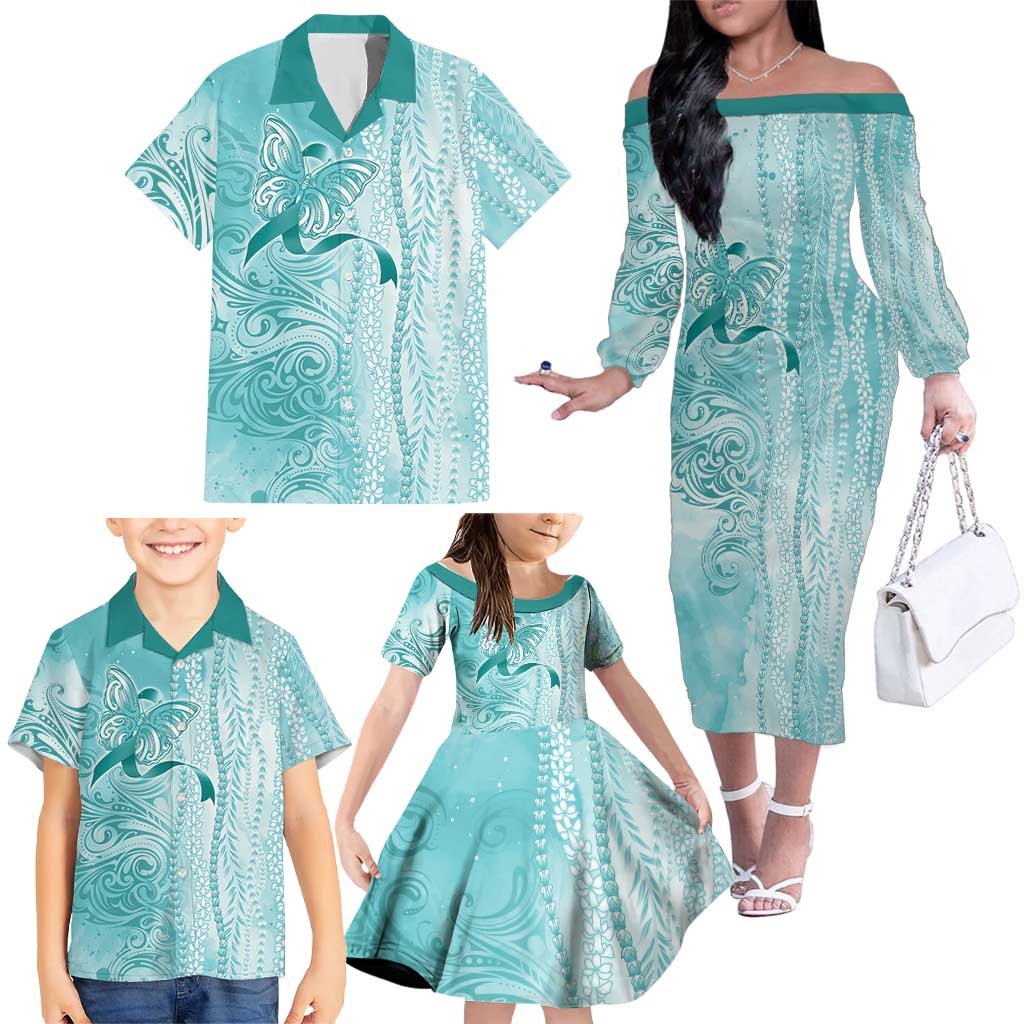 PTSD Awareness Family Matching Off The Shoulder Long Sleeve Dress and Hawaiian Shirt Maile Pikake Lokelani Crown Flower Lei Inspired LT9 - Polynesian Pride