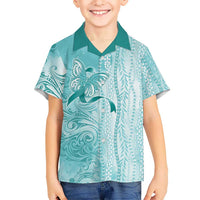 PTSD Awareness Family Matching Off The Shoulder Long Sleeve Dress and Hawaiian Shirt Maile Pikake Lokelani Crown Flower Lei Inspired LT9 Son's Shirt Teal - Polynesian Pride