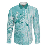 PTSD Awareness Family Matching Off Shoulder Short Dress and Hawaiian Shirt Maile Pikake Lokelani Crown Flower Lei Inspired LT9 Dad's Shirt - Long Sleeve Teal - Polynesian Pride