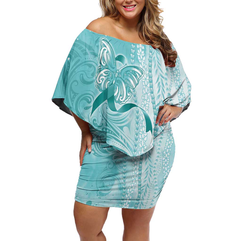 PTSD Awareness Family Matching Off Shoulder Short Dress and Hawaiian Shirt Maile Pikake Lokelani Crown Flower Lei Inspired LT9 Mom's Dress Teal - Polynesian Pride