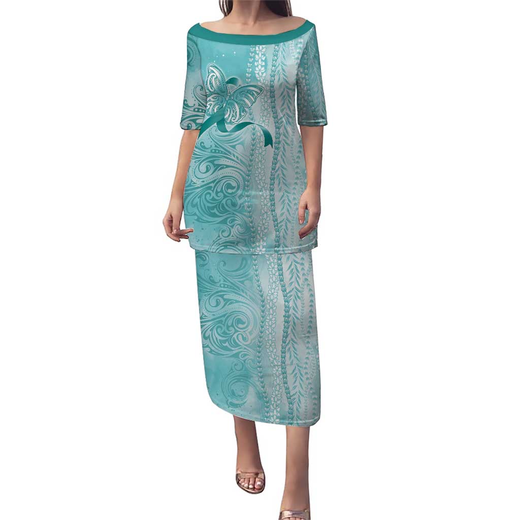 PTSD Awareness Family Matching Puletasi and Hawaiian Shirt Maile Pikake Lokelani Crown Flower Lei Inspired LT9 Mom's Dress Teal - Polynesian Pride