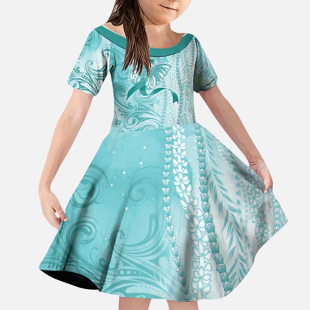 PTSD Awareness Family Matching Tank Maxi Dress and Hawaiian Shirt Maile Pikake Lokelani Crown Flower Lei Inspired LT9 Daughter's Dress Teal - Polynesian Pride