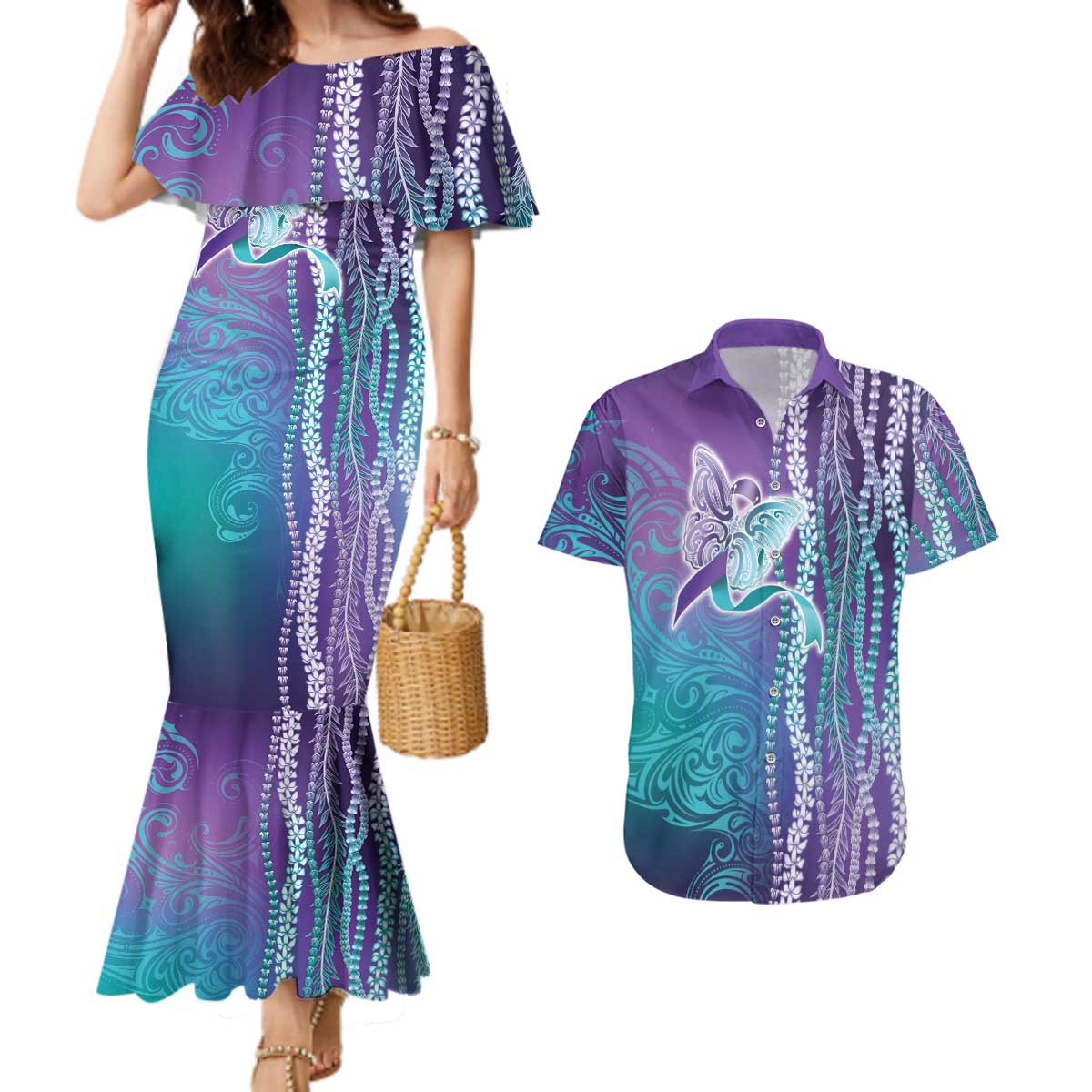 Suicide Prevention Awareness Couples Matching Mermaid Dress and Hawaiian Shirt Maile Pikake Lokelani Crown Flower Lei Inspired LT9 Multicolor - Polynesian Pride
