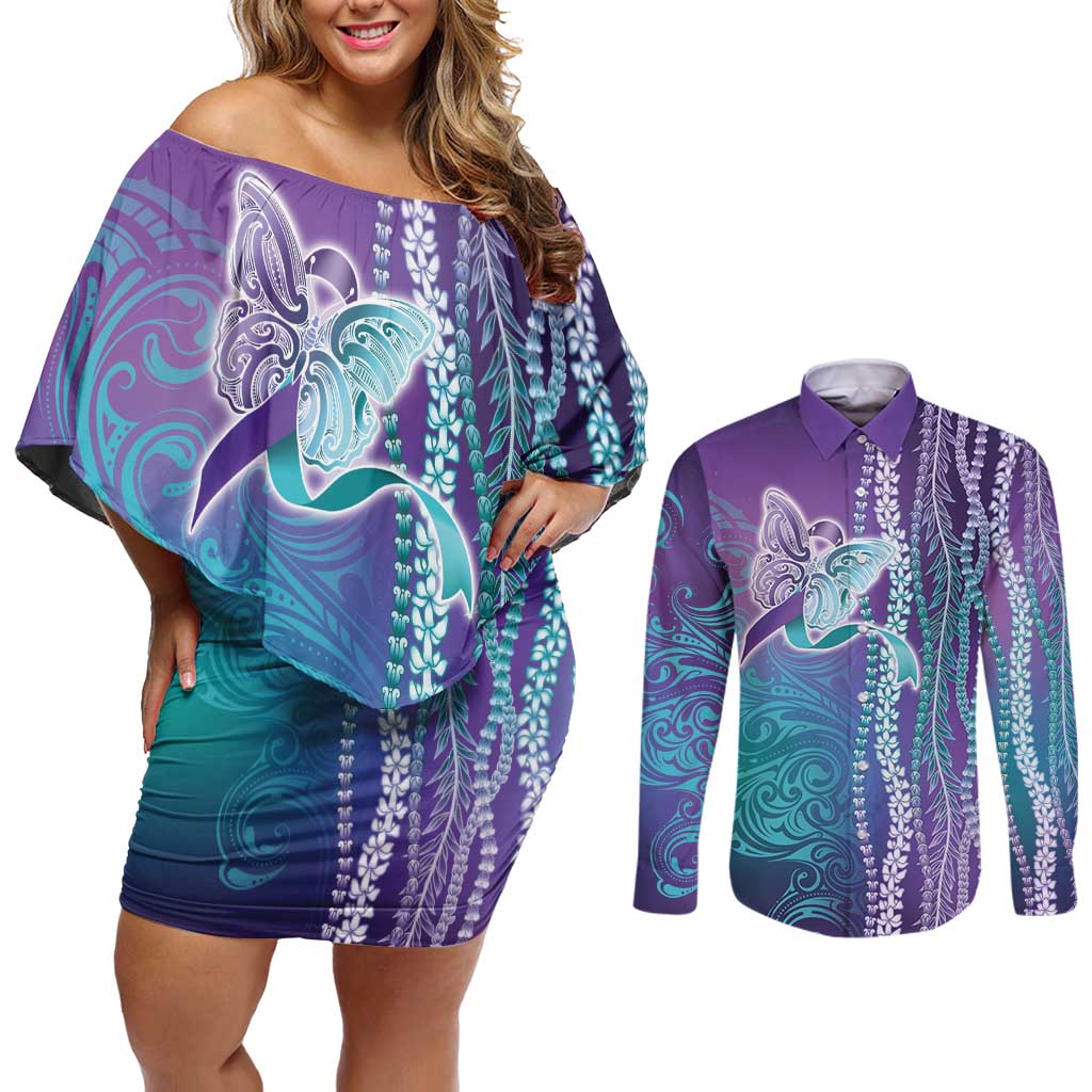 Suicide Prevention Awareness Couples Matching Off Shoulder Short Dress and Long Sleeve Button Shirt Maile Pikake Lokelani Crown Flower Lei Inspired