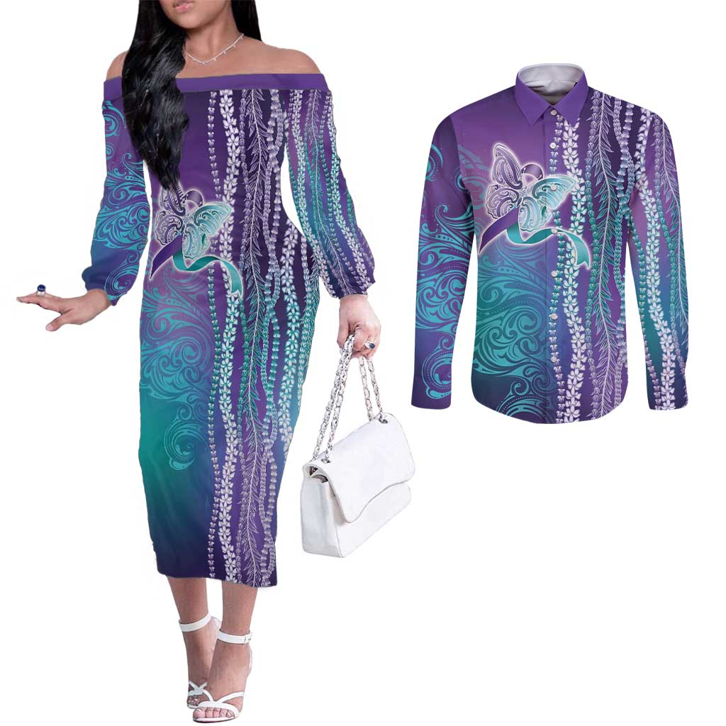 Suicide Prevention Awareness Couples Matching Off The Shoulder Long Sleeve Dress and Long Sleeve Button Shirt Maile Pikake Lokelani Crown Flower Lei Inspired