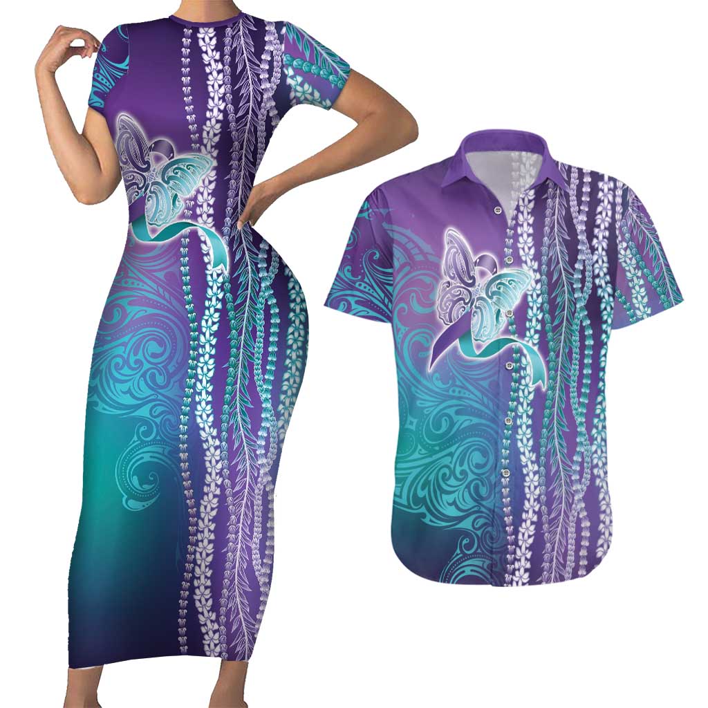 Suicide Prevention Awareness Couples Matching Short Sleeve Bodycon Dress and Hawaiian Shirt Maile Pikake Lokelani Crown Flower Lei Inspired LT9 Multicolor - Polynesian Pride