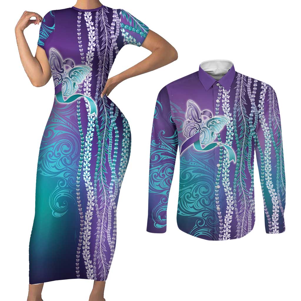 Suicide Prevention Awareness Couples Matching Short Sleeve Bodycon Dress and Long Sleeve Button Shirt Maile Pikake Lokelani Crown Flower Lei Inspired