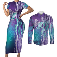 Suicide Prevention Awareness Couples Matching Short Sleeve Bodycon Dress and Long Sleeve Button Shirt Maile Pikake Lokelani Crown Flower Lei Inspired LT9 Multicolor - Polynesian Pride