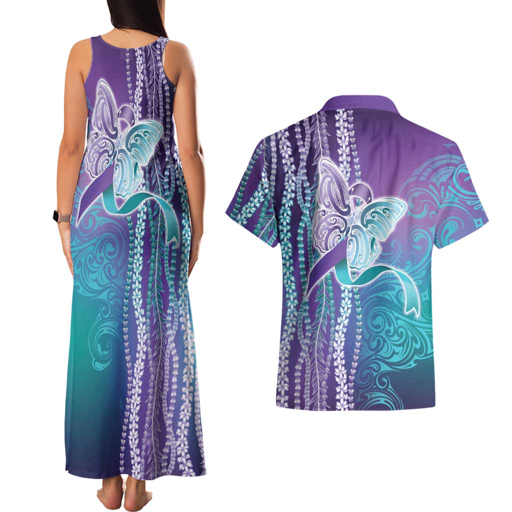 Suicide Prevention Awareness Couples Matching Tank Maxi Dress and Hawaiian Shirt Maile Pikake Lokelani Crown Flower Lei Inspired LT9 - Polynesian Pride