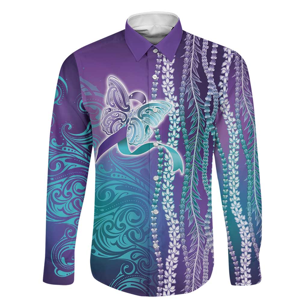 Suicide Prevention Awareness Family Matching Off Shoulder Maxi Dress and Hawaiian Shirt Maile Pikake Lokelani Crown Flower Lei Inspired LT9 Dad's Shirt - Long Sleeve Multicolor - Polynesian Pride