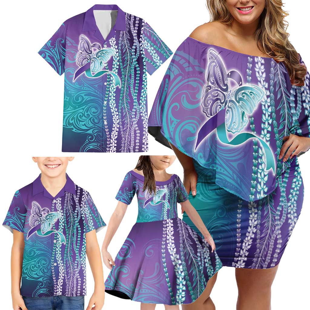 Suicide Prevention Awareness Family Matching Off Shoulder Short Dress and Hawaiian Shirt Maile Pikake Lokelani Crown Flower Lei Inspired LT9 - Polynesian Pride