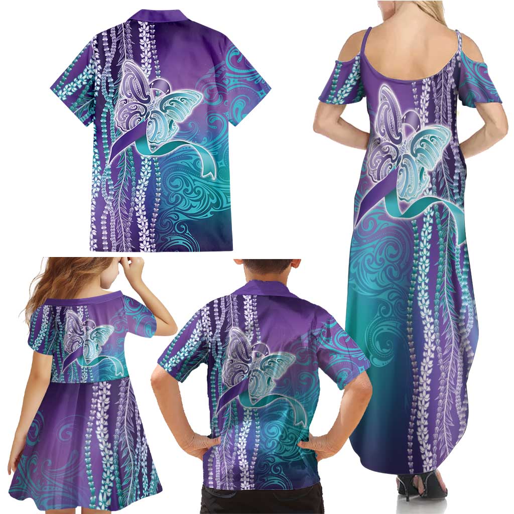 Suicide Prevention Awareness Family Matching Summer Maxi Dress and Hawaiian Shirt Maile Pikake Lokelani Crown Flower Lei Inspired LT9 - Polynesian Pride