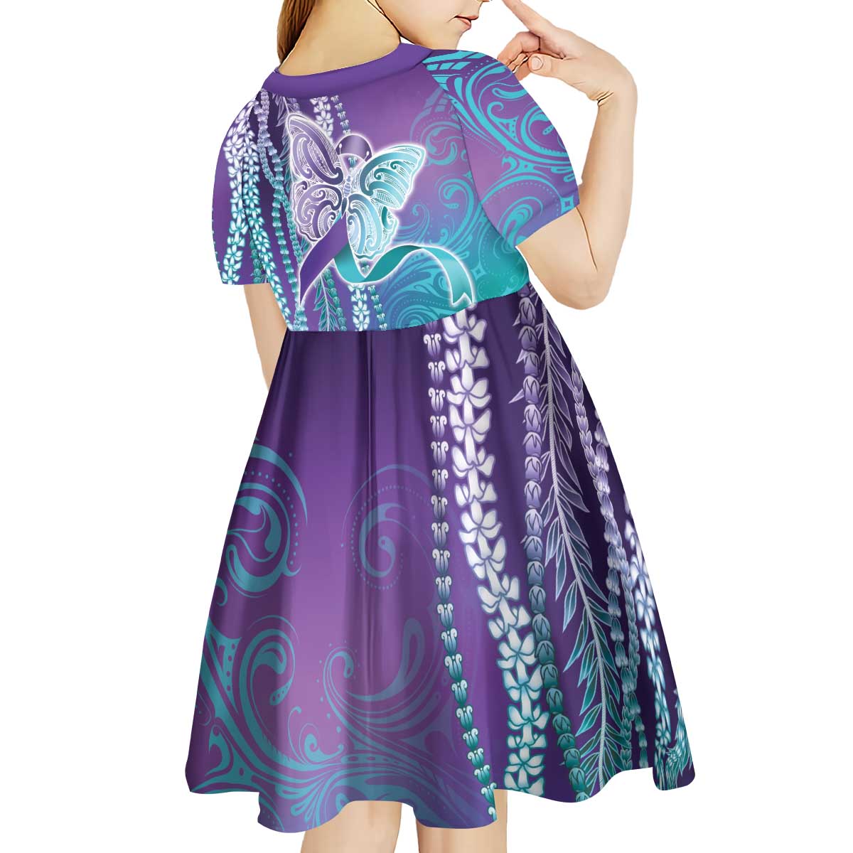Suicide Prevention Awareness Kid Short Sleeve Dress Maile Pikake Lokelani Crown Flower Lei Inspired