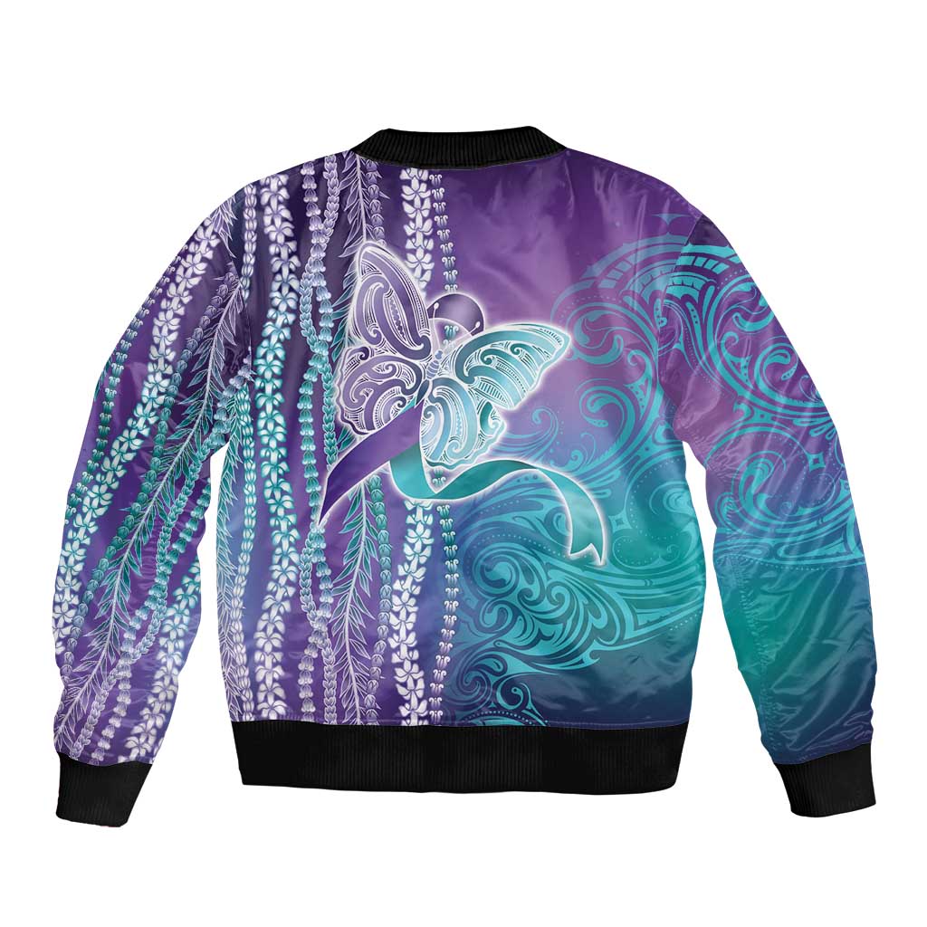Suicide Prevention Awareness Sleeve Zip Bomber Jacket Maile Pikake Lokelani Crown Flower Lei Inspired