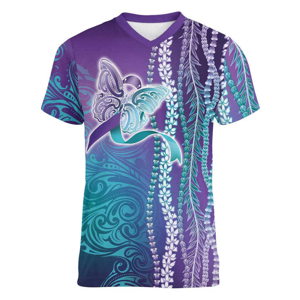 Suicide Prevention Awareness Women V-Neck T-Shirt Maile Pikake Lokelani Crown Flower Lei Inspired