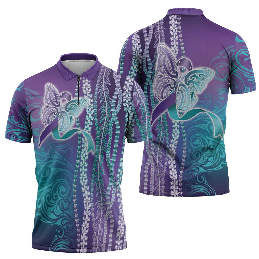 Suicide Prevention Awareness Zipper Polo Shirt Maile Pikake Lokelani Crown Flower Lei Inspired