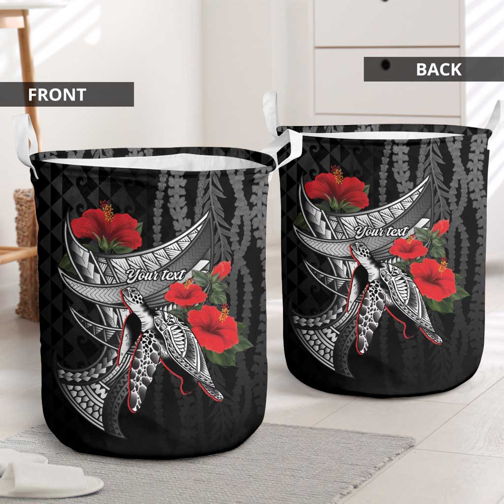 Hawaiian Honu Personalized Laundry Basket Black Tribal Hook Pattern