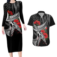Hawaiian Honu Personalized Couples Matching Long Sleeve Bodycon Dress and Hawaiian Shirt Black Tribal Hook Pattern