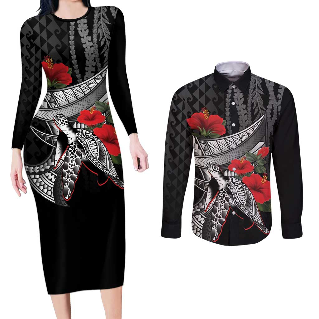 Hawaiian Honu Personalized Couples Matching Long Sleeve Bodycon Dress and Long Sleeve Button Shirt Black Tribal Hook Pattern
