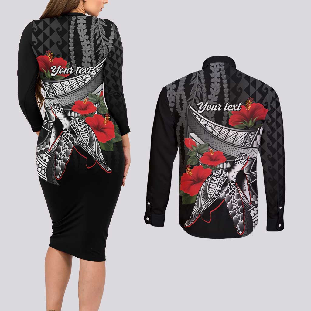Hawaiian Honu Personalized Couples Matching Long Sleeve Bodycon Dress and Long Sleeve Button Shirt Black Tribal Hook Pattern