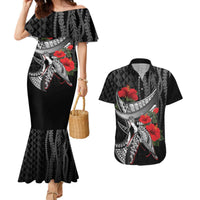 Hawaiian Honu Personalized Couples Matching Mermaid Dress and Hawaiian Shirt Black Tribal Hook Pattern