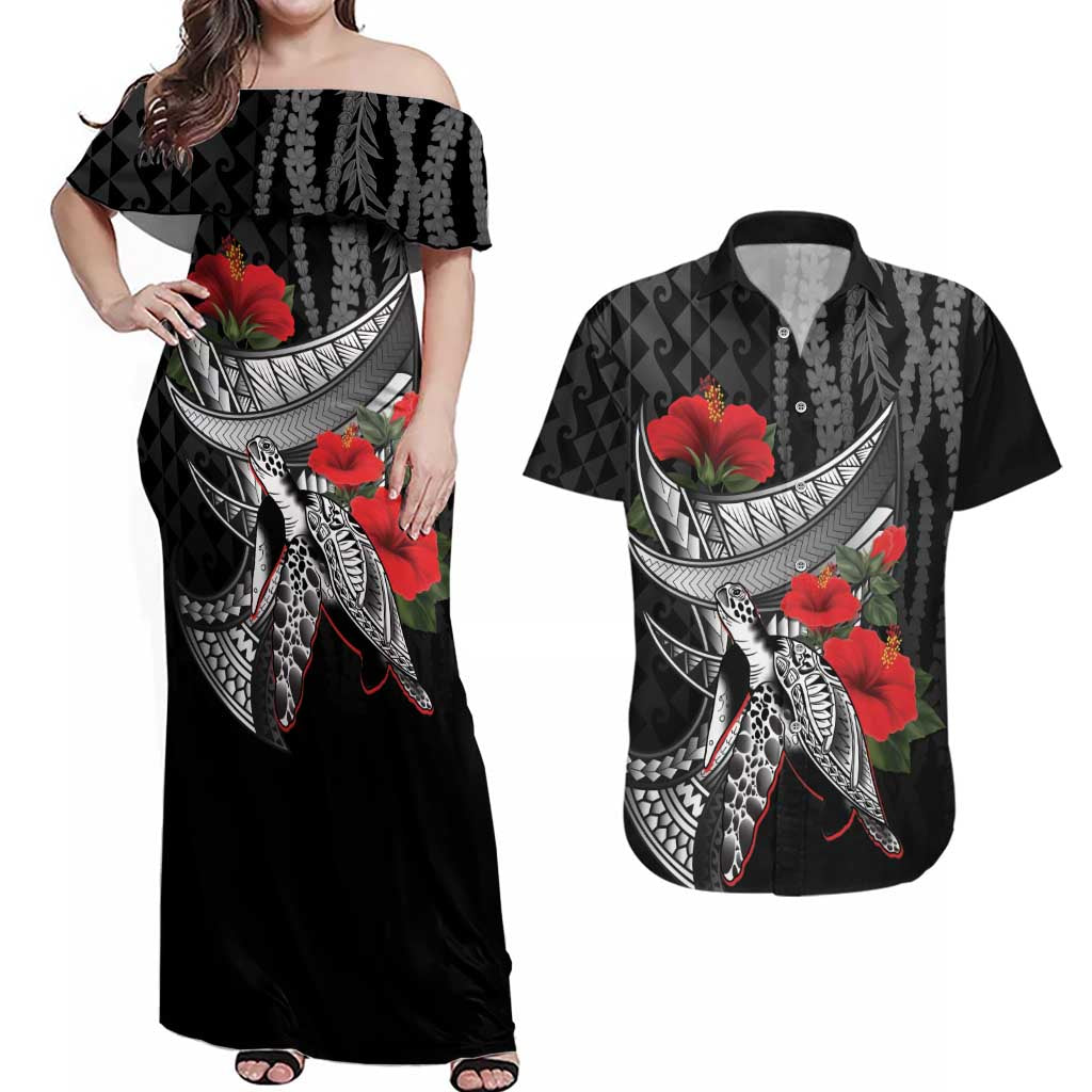 Hawaiian Honu Personalized Couples Matching Off Shoulder Maxi Dress and Hawaiian Shirt Black Tribal Hook Pattern