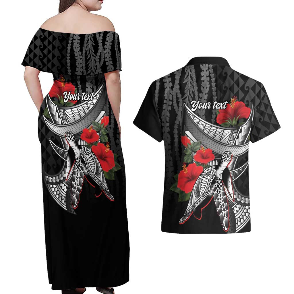 Hawaiian Honu Personalized Couples Matching Off Shoulder Maxi Dress and Hawaiian Shirt Black Tribal Hook Pattern