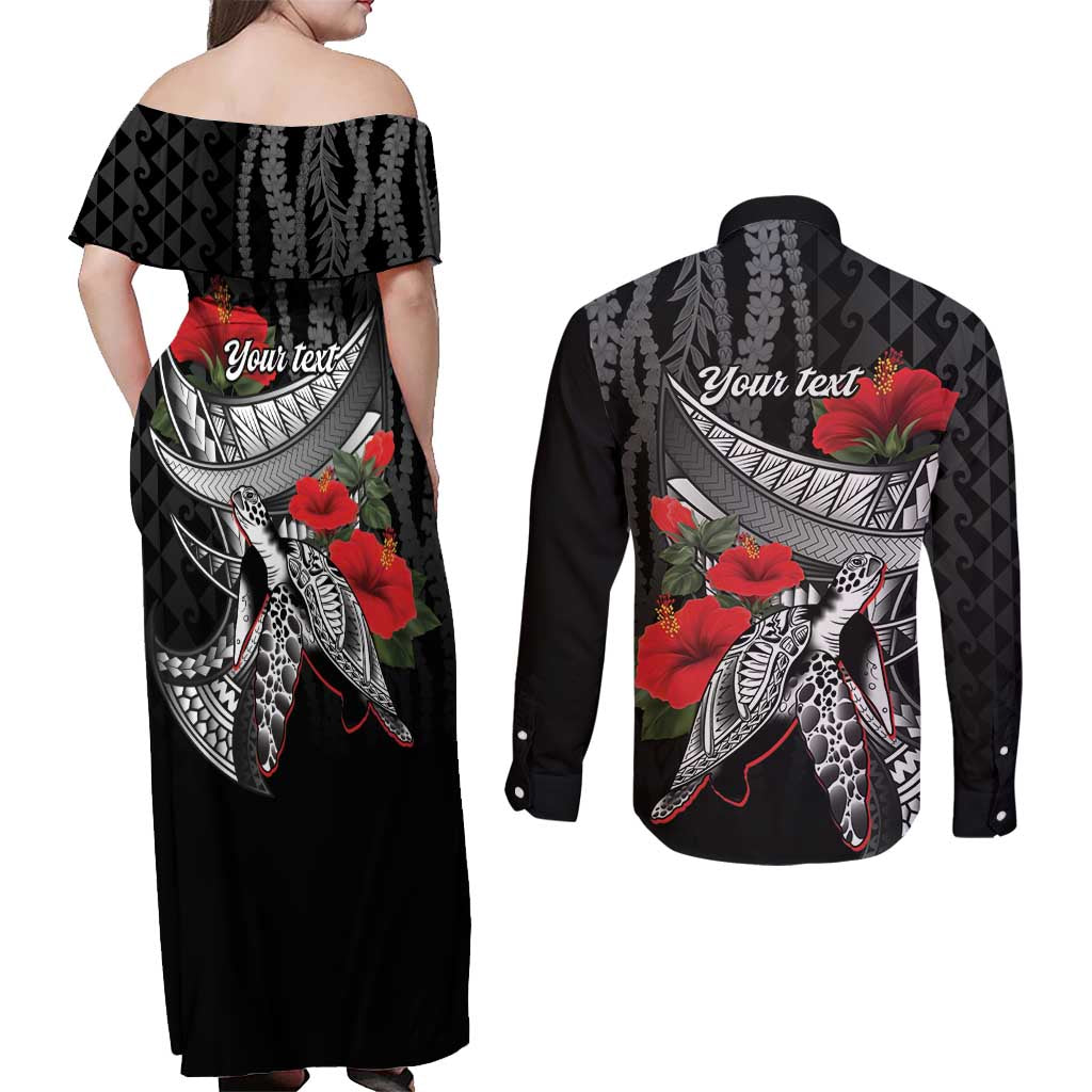 Hawaiian Honu Personalized Couples Matching Off Shoulder Maxi Dress and Long Sleeve Button Shirt Black Tribal Hook Pattern