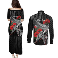 Hawaiian Honu Personalized Couples Matching Puletasi and Long Sleeve Button Shirt Black Tribal Hook Pattern