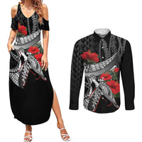 Hawaiian Honu Personalized Couples Matching Summer Maxi Dress and Long Sleeve Button Shirt Black Tribal Hook Pattern