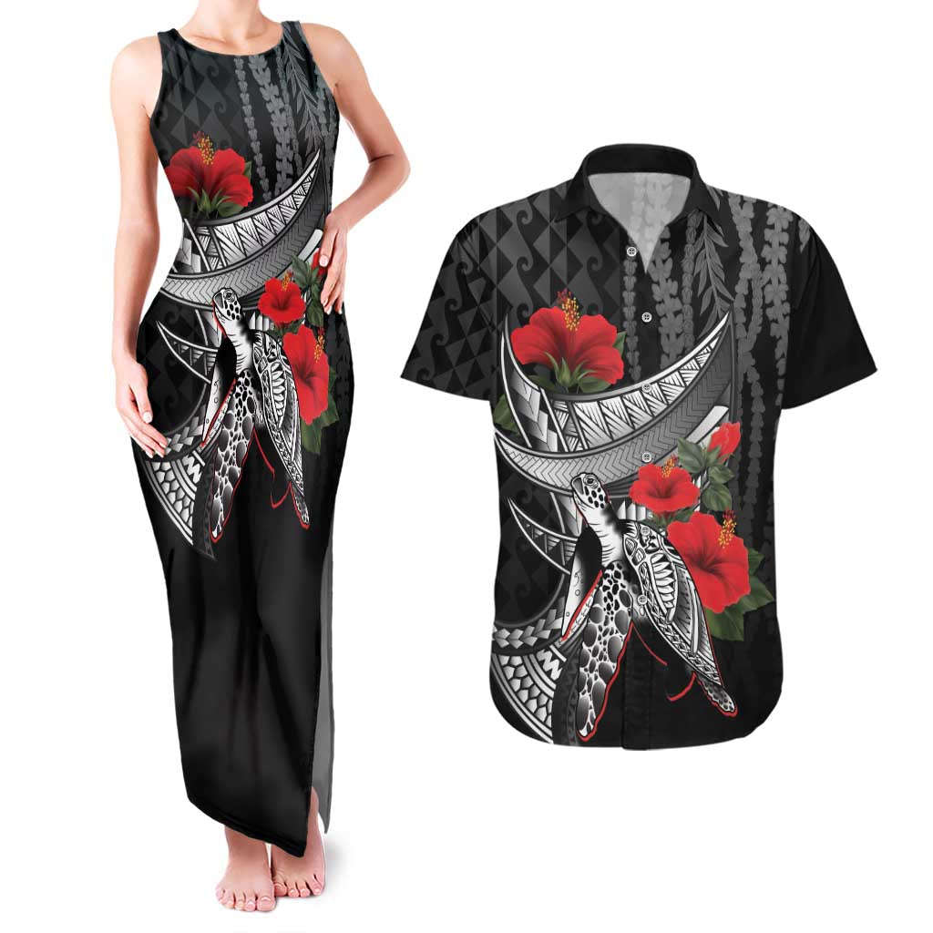 Hawaiian Honu Personalized Couples Matching Tank Maxi Dress and Hawaiian Shirt Black Tribal Hook Pattern