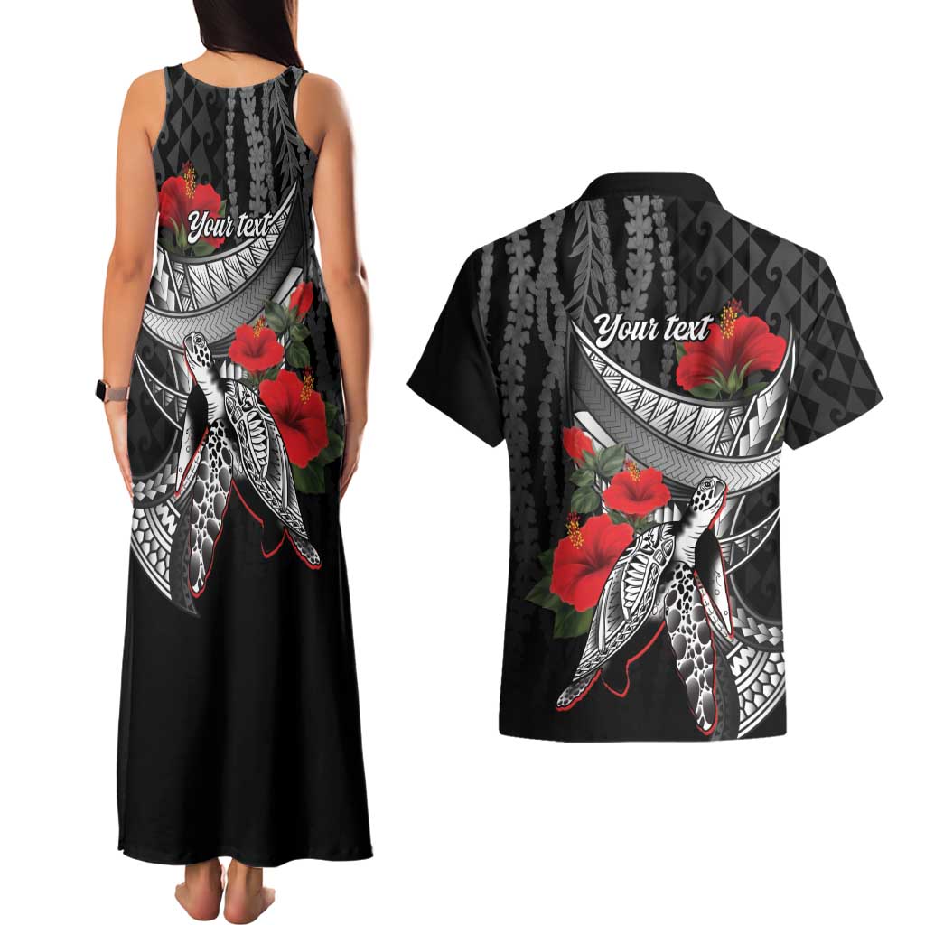 Hawaiian Honu Personalized Couples Matching Tank Maxi Dress and Hawaiian Shirt Black Tribal Hook Pattern