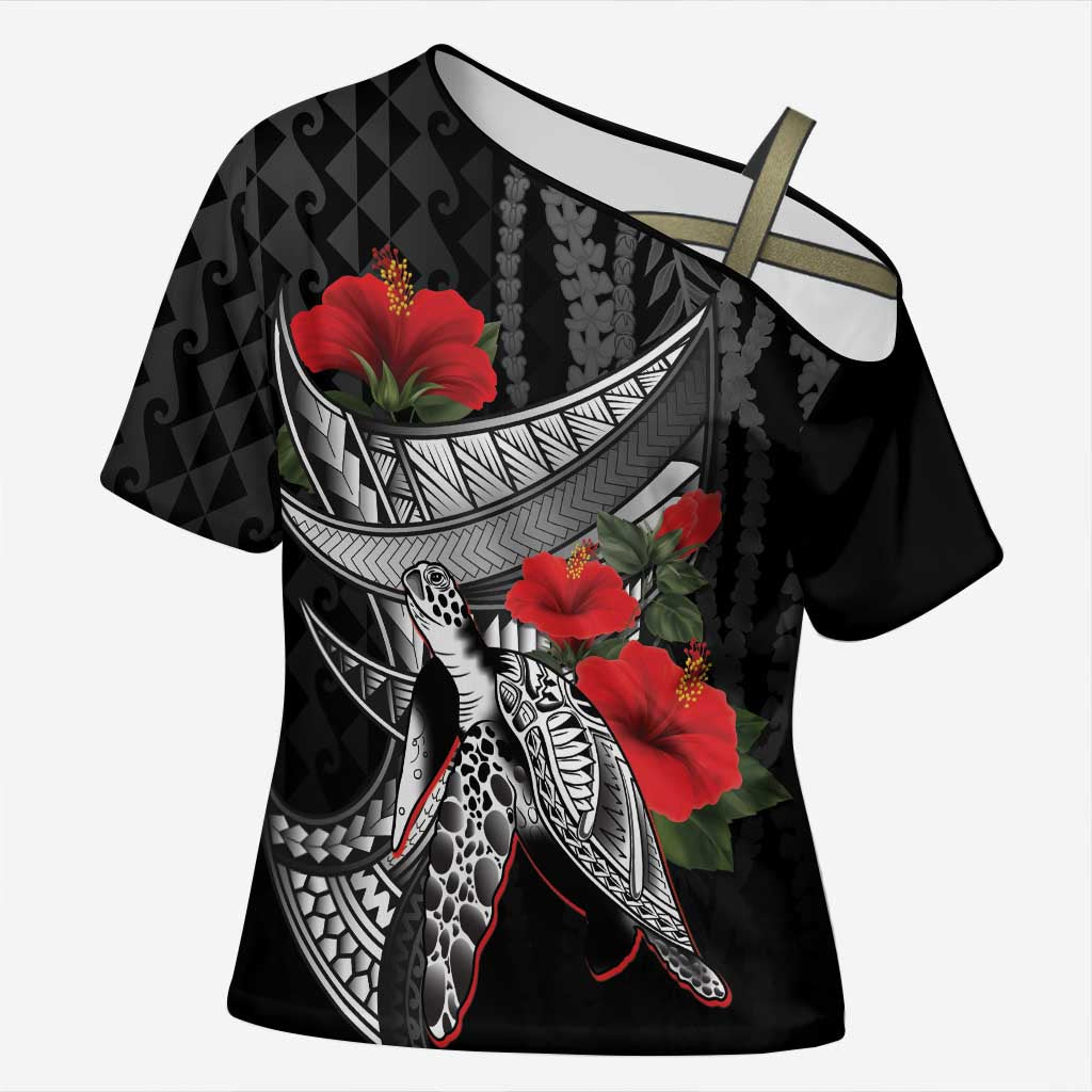 Hawaiian Honu Personalized Cross Shoulder Shirt Black Tribal Hook Pattern