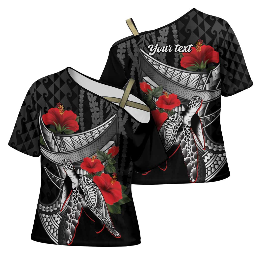 Hawaiian Honu Personalized Cross Shoulder Shirt Black Tribal Hook Pattern