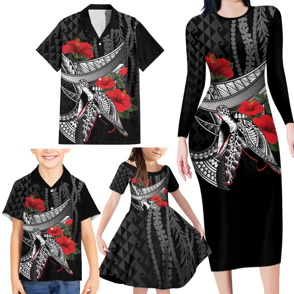 Hawaiian Honu Personalized Family Matching Long Sleeve Bodycon Dress and Hawaiian Shirt Black Tribal Hook Pattern