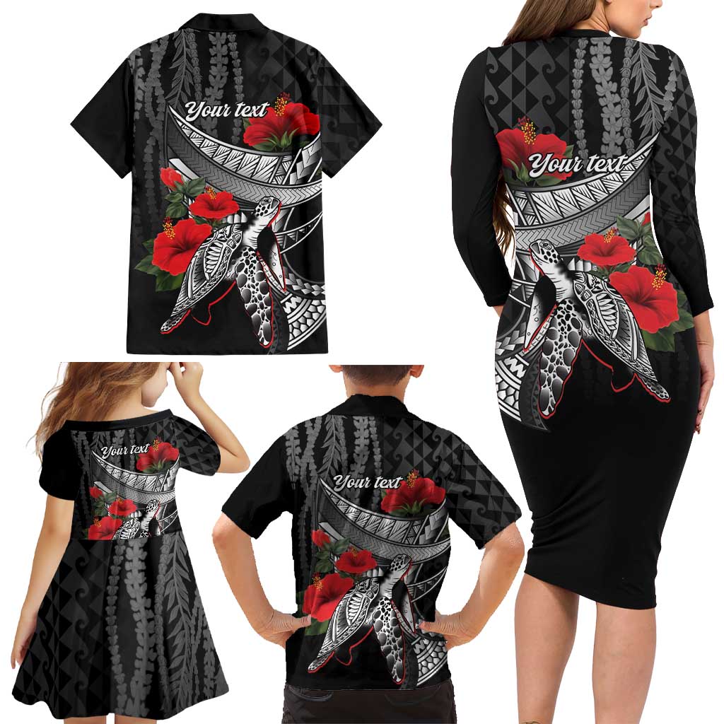 Hawaiian Honu Personalized Family Matching Long Sleeve Bodycon Dress and Hawaiian Shirt Black Tribal Hook Pattern