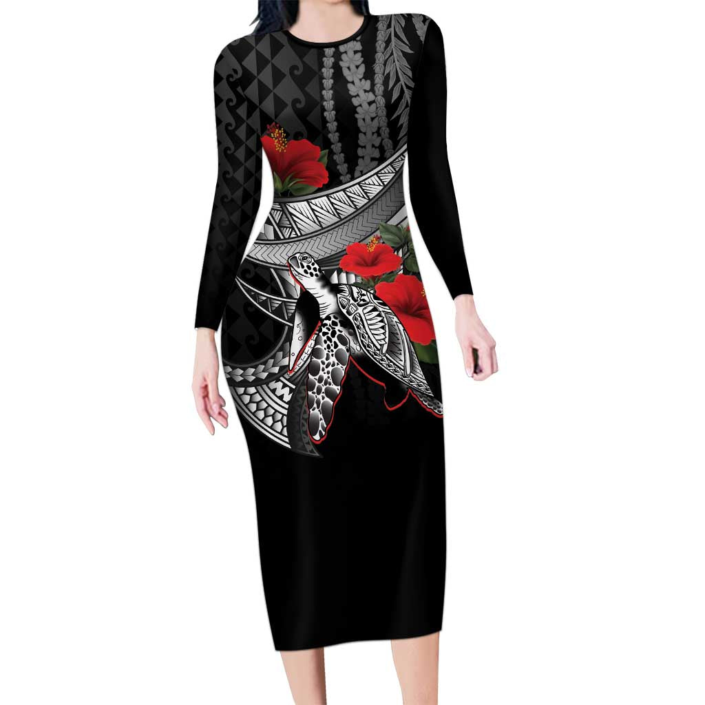 Hawaiian Honu Personalized Family Matching Long Sleeve Bodycon Dress and Hawaiian Shirt Black Tribal Hook Pattern
