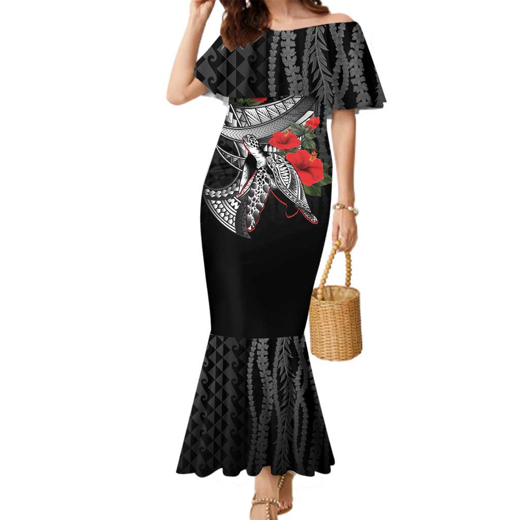 Hawaiian Honu Personalized Family Matching Mermaid Dress and Hawaiian Shirt Black Tribal Hook Pattern