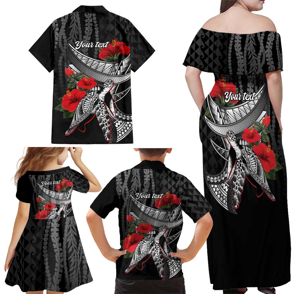 Hawaiian Honu Personalized Family Matching Off Shoulder Maxi Dress and Hawaiian Shirt Black Tribal Hook Pattern