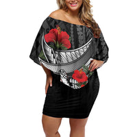 Hawaiian Honu Personalized Family Matching Off Shoulder Short Dress and Hawaiian Shirt Black Tribal Hook Pattern