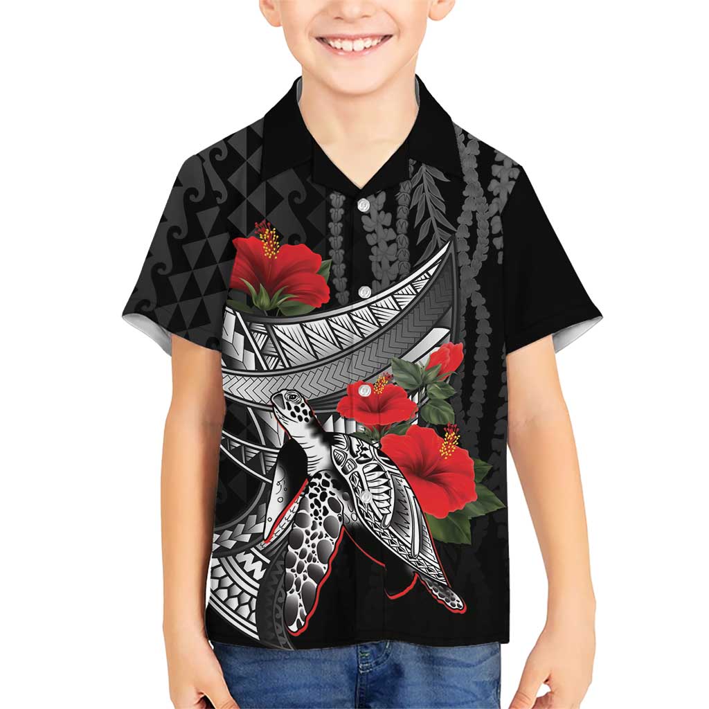 Hawaiian Honu Personalized Family Matching Off Shoulder Short Dress and Hawaiian Shirt Black Tribal Hook Pattern