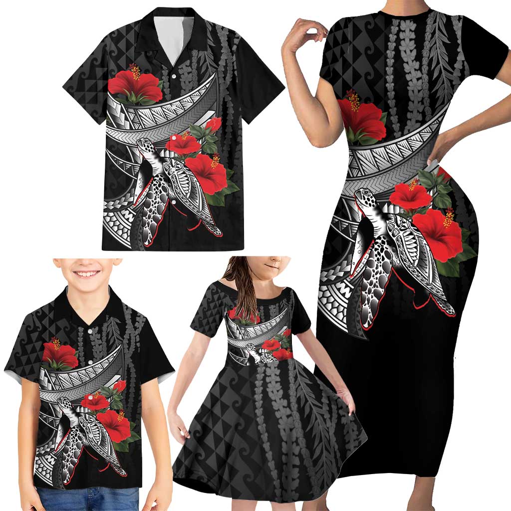 Hawaiian Honu Personalized Family Matching Short Sleeve Bodycon Dress and Hawaiian Shirt Black Tribal Hook Pattern