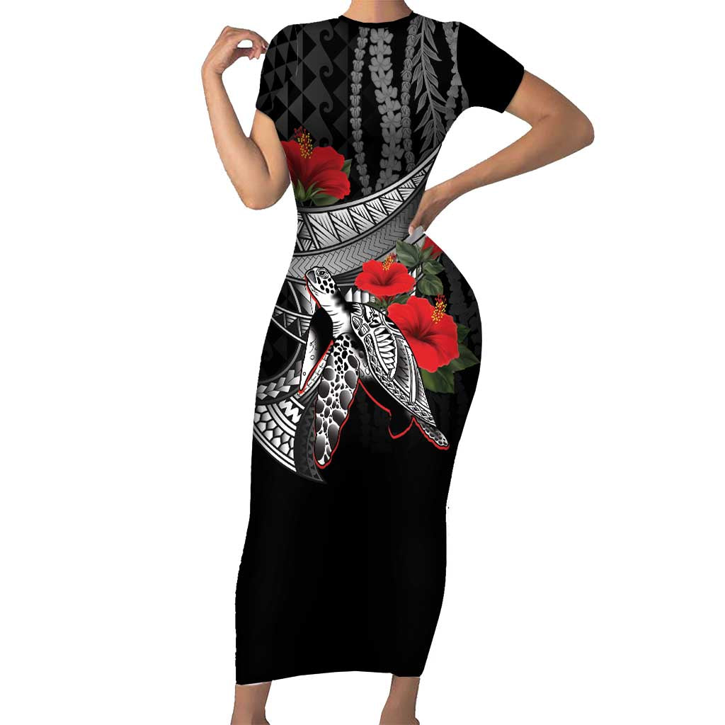 Hawaiian Honu Personalized Family Matching Short Sleeve Bodycon Dress and Hawaiian Shirt Black Tribal Hook Pattern