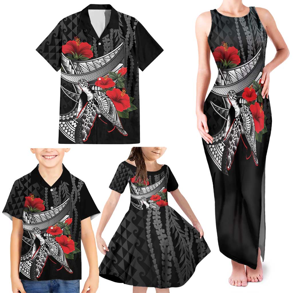 Hawaiian Honu Personalized Family Matching Tank Maxi Dress and Hawaiian Shirt Black Tribal Hook Pattern