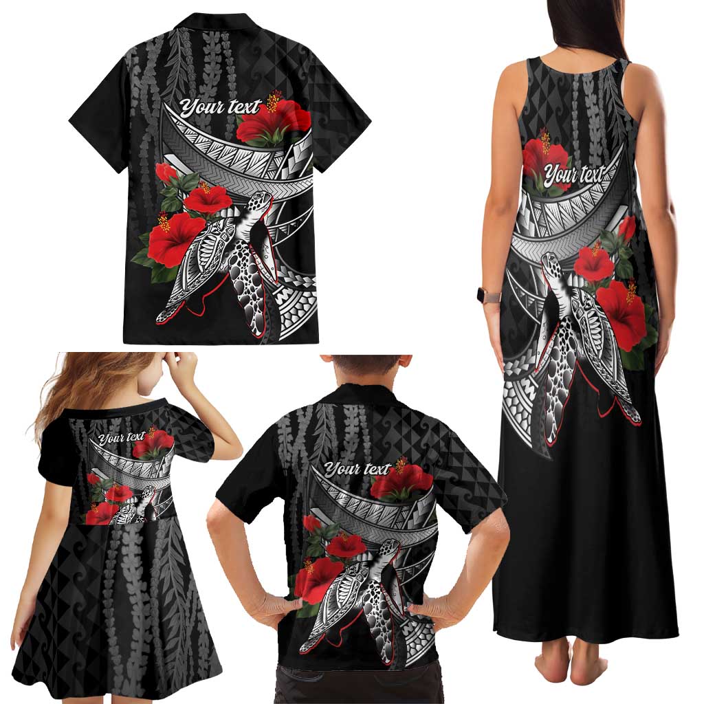 Hawaiian Honu Personalized Family Matching Tank Maxi Dress and Hawaiian Shirt Black Tribal Hook Pattern