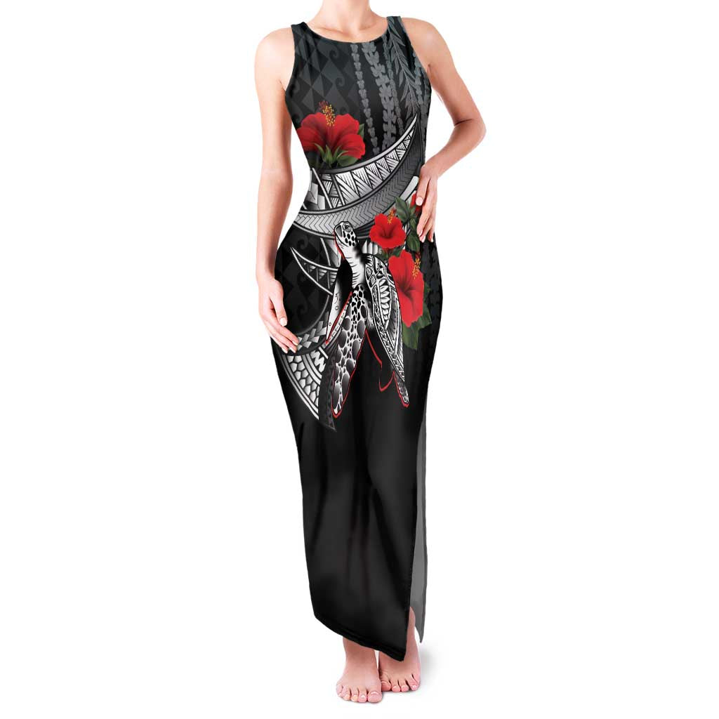 Hawaiian Honu Personalized Family Matching Tank Maxi Dress and Hawaiian Shirt Black Tribal Hook Pattern