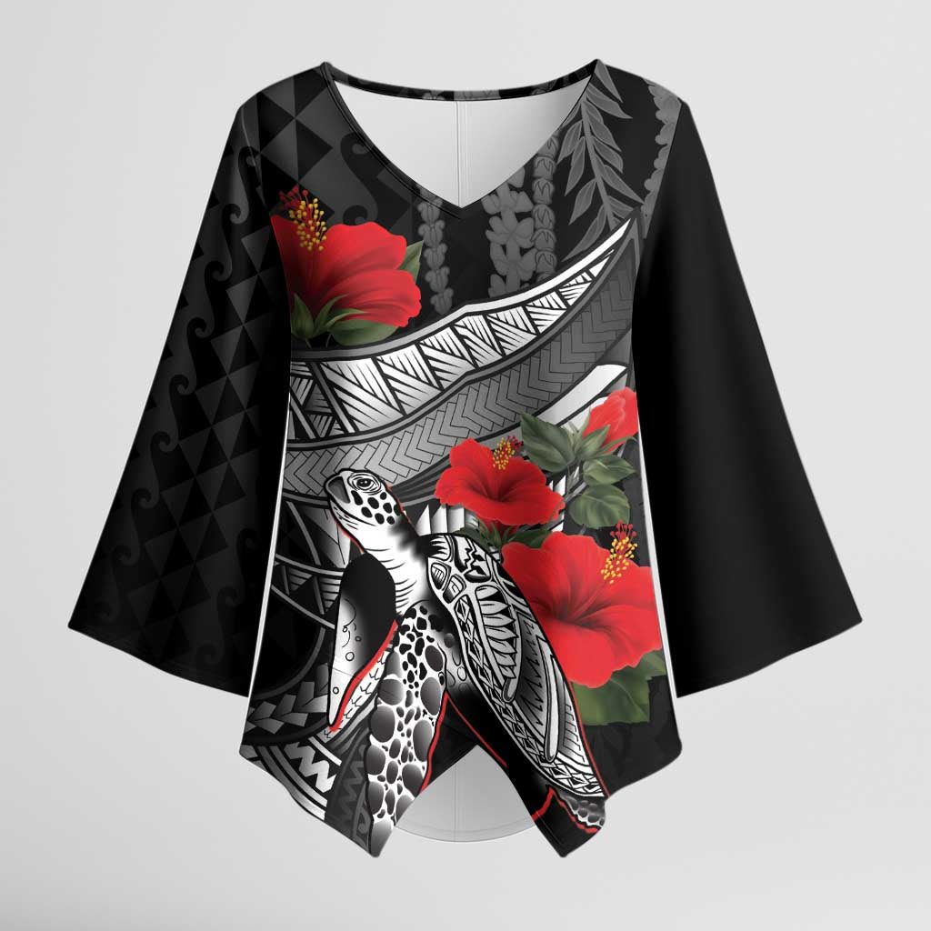 Hawaiian Honu Personalized Kimono Sleeve Blouse Black Tribal Hook Pattern LT9 Female Black - Polynesian Pride