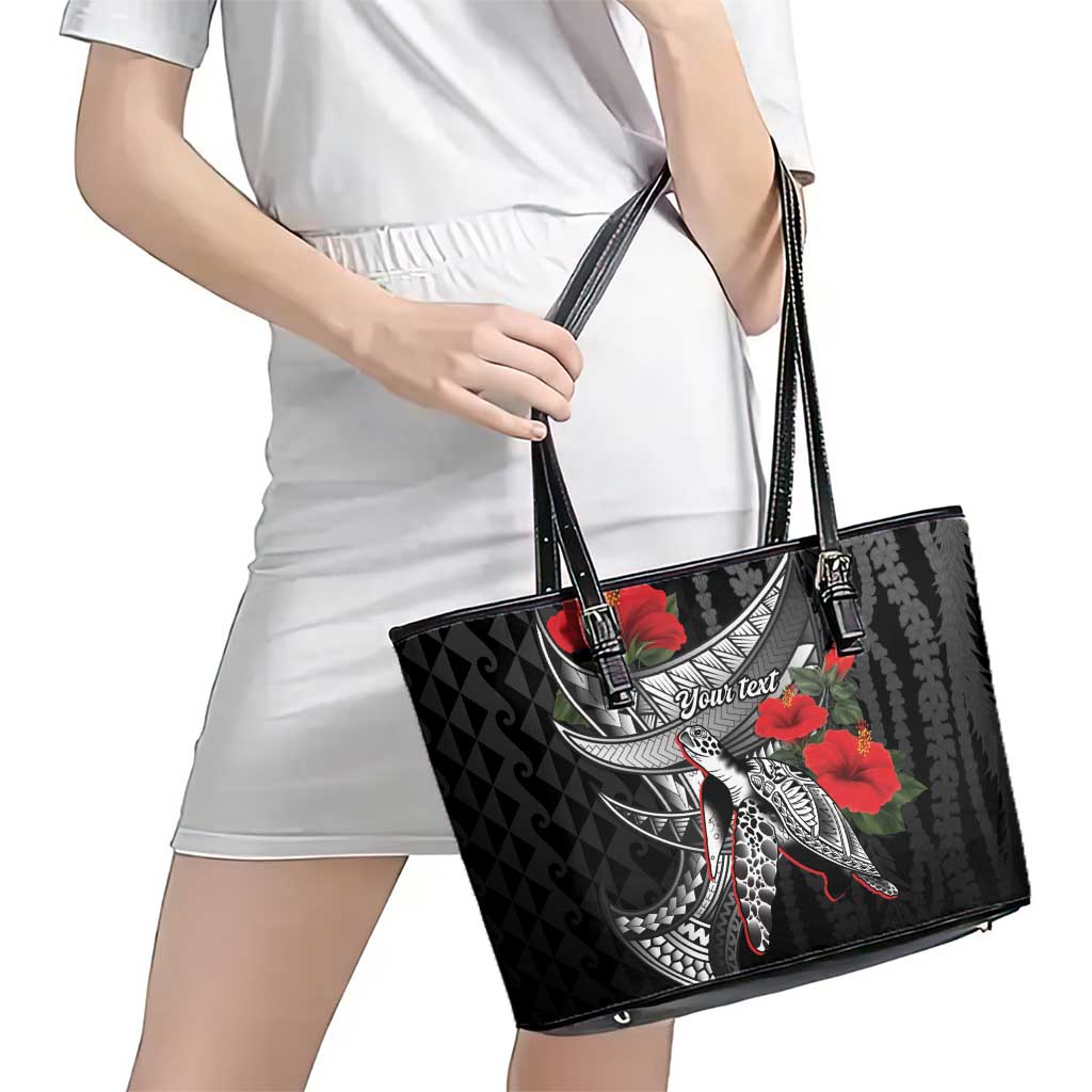 Hawaiian Honu Personalized Leather Tote Bag Black Tribal Hook Pattern