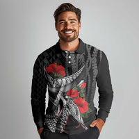Hawaiian Honu Personalized Long Sleeve Polo Shirt Black Tribal Hook Pattern