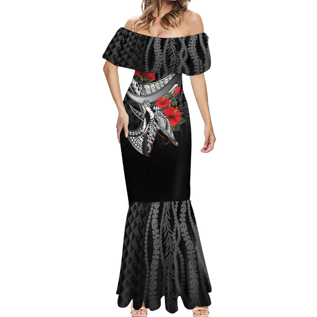 Hawaiian Honu Personalized Mermaid Dress Black Tribal Hook Pattern